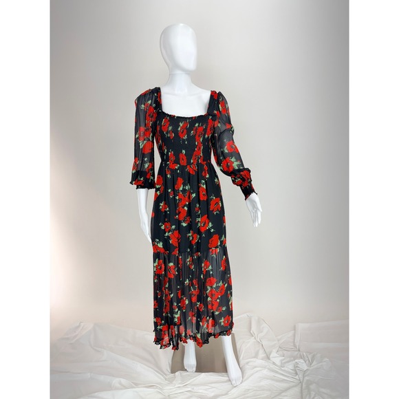 RIXO Yas Dress Black Red Floral Print Square Neck Long Sleeve Tiered Midi Dress - Picture 3 of 11
